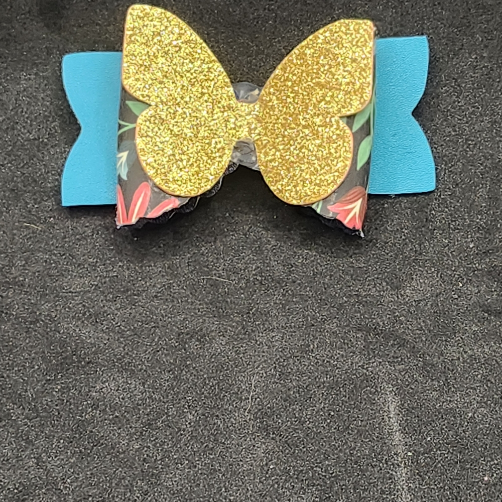Hand Crafted Gold Glitter Butterfly Hair Bow Barrette Clip Faux Leather